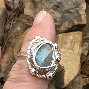 Silver coated wire wrapped Labradorite Ring